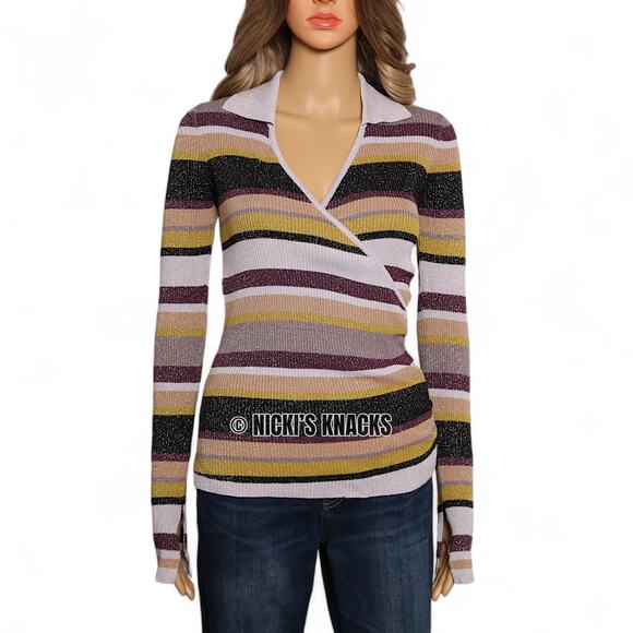 Chaser Harper Stripe Ribbed Sweater Y2K Retro V-Neck Skater Style Knit Size L - Picture 2 of 13